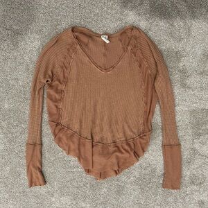 We The Free Textured Waffle Knit Ruffle Hem Boho Top Brown